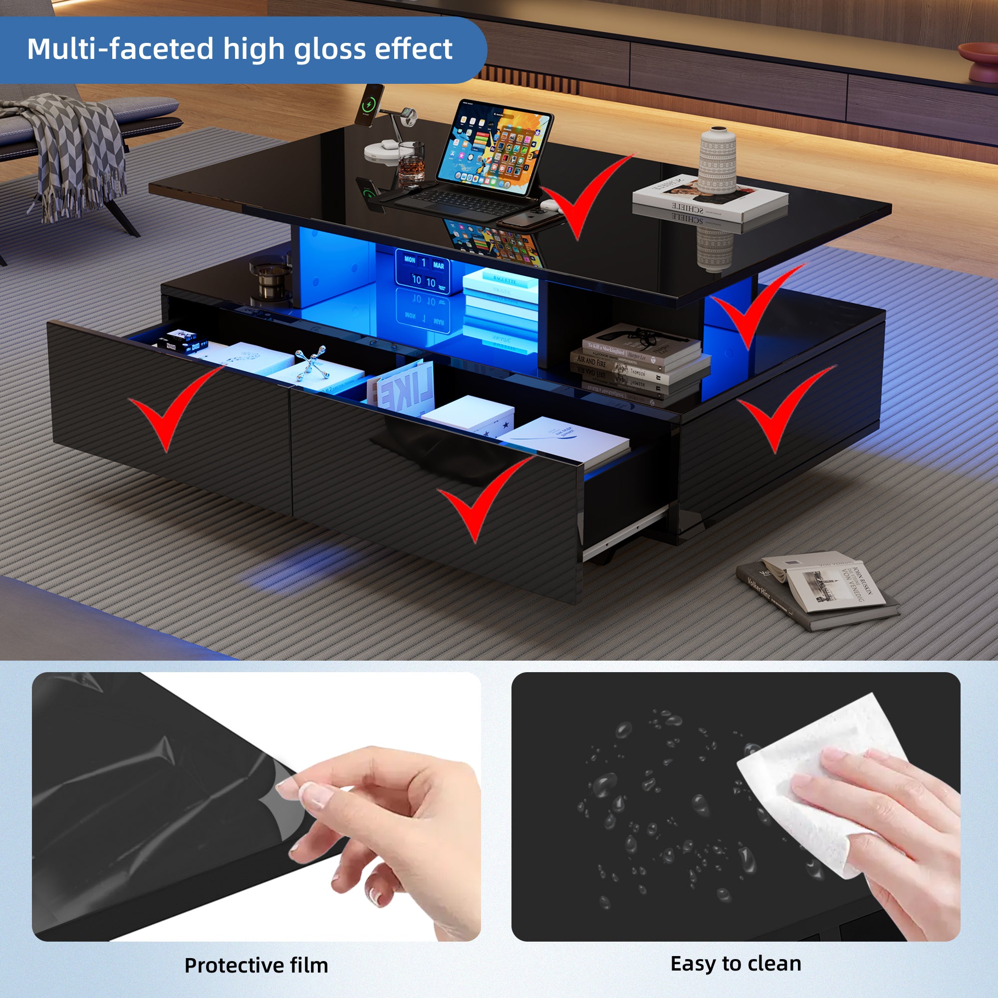 High Gloss Coffee Tables For Living Room Black Tea Side End Table With LED Lights, Rectangle Console Centre Wooden Sideboard Modern Office Furniture