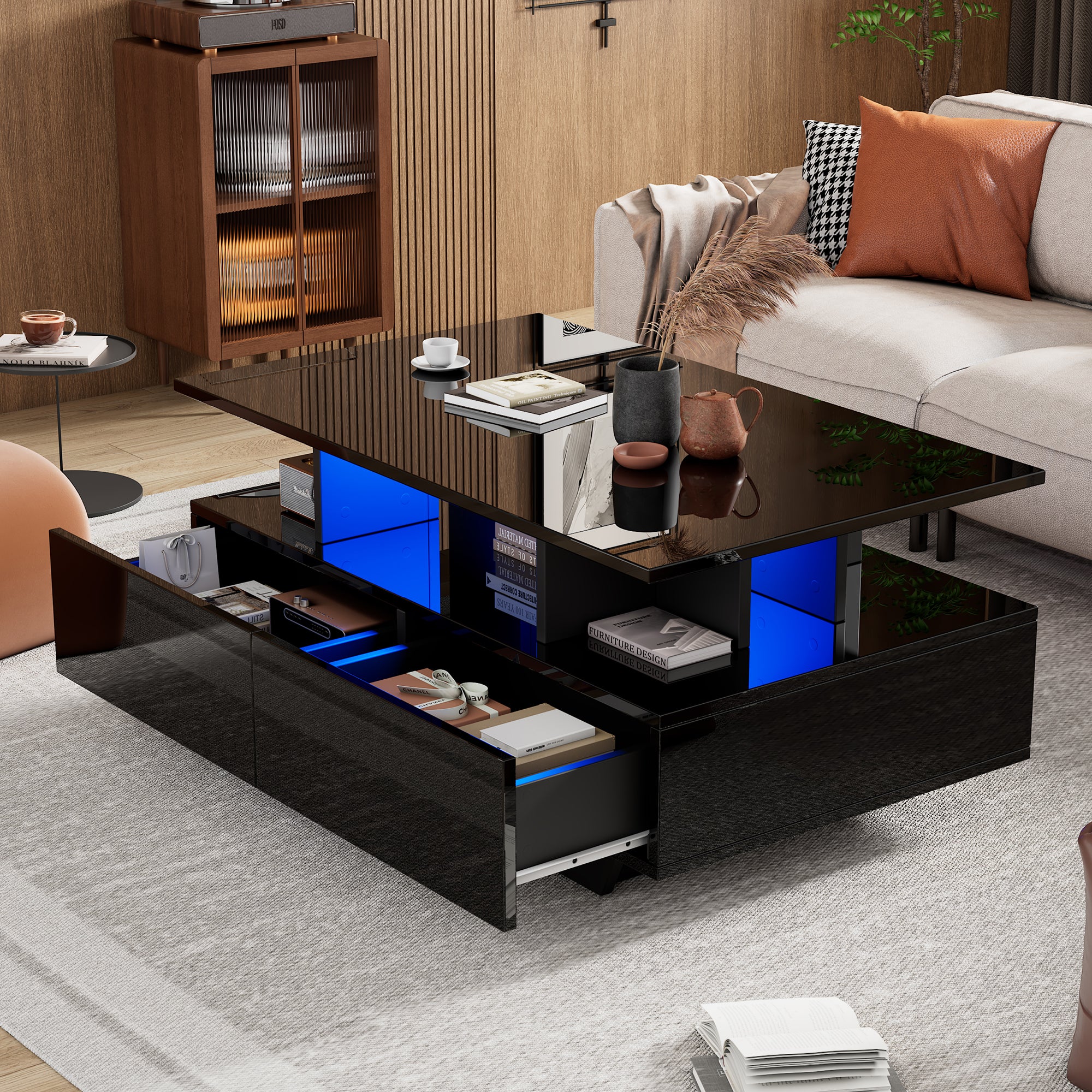 High Gloss Coffee Tables For Living Room Black Tea Side End Table With LED Lights, Rectangle Console Centre Wooden Sideboard Modern Office Furniture